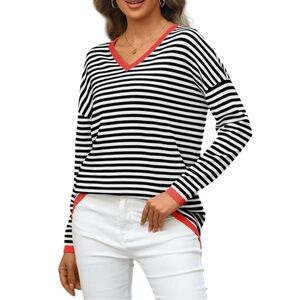 LILLUSORY V-Neck Striped Pullover Sweater Women’s L Color Block Drop Shoulder